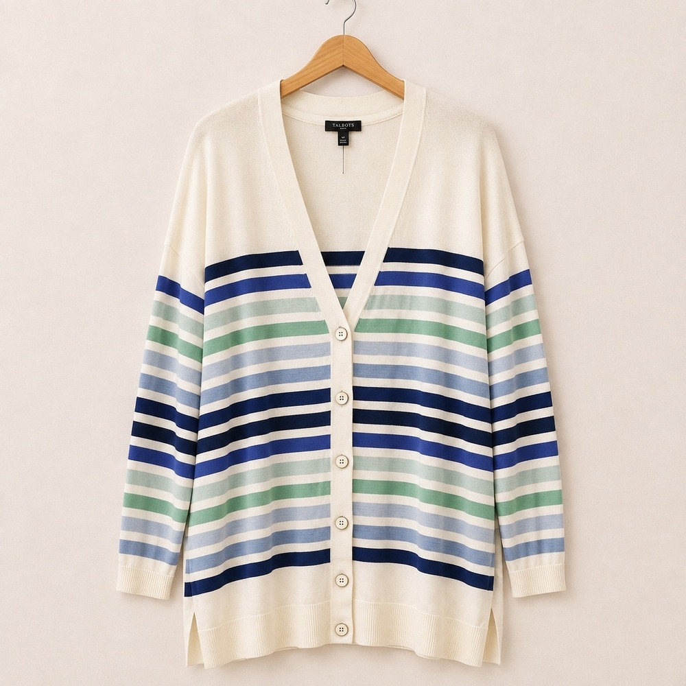 NWT Talbots Coastal Grandmother Striped Cardigan Women 2X Nautical Blue Green